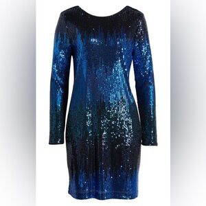 NEW Chelsea28 Long Sleeve Sequin Cocktail Dress in Blue Multi Stripe Size 1X